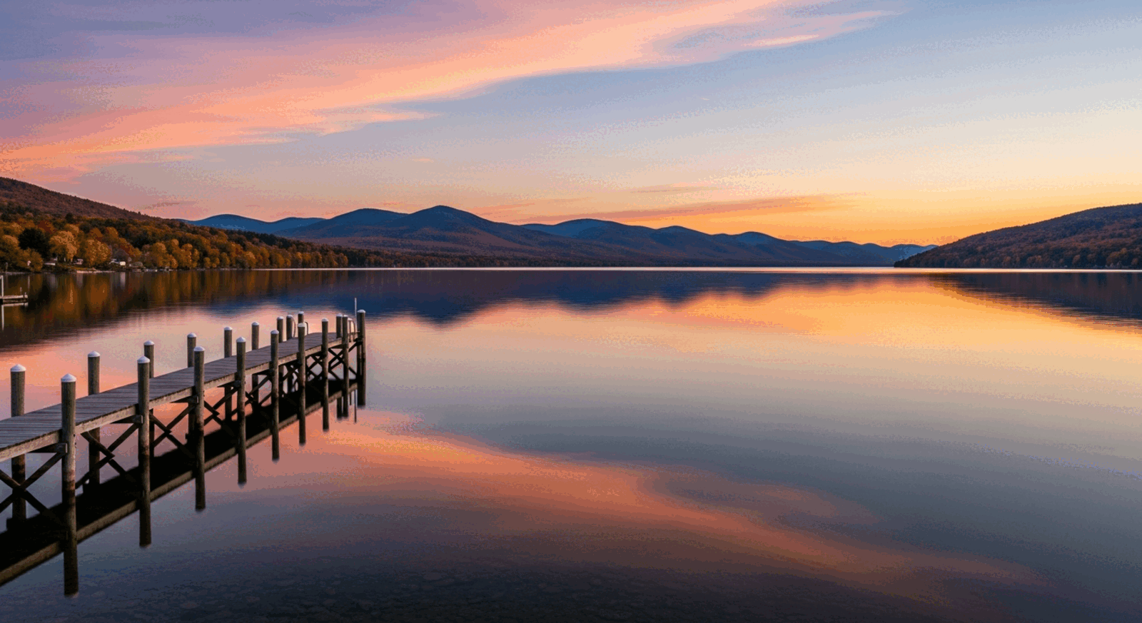Burlington, Vermont waterfront on Lake Champlain at sunset
