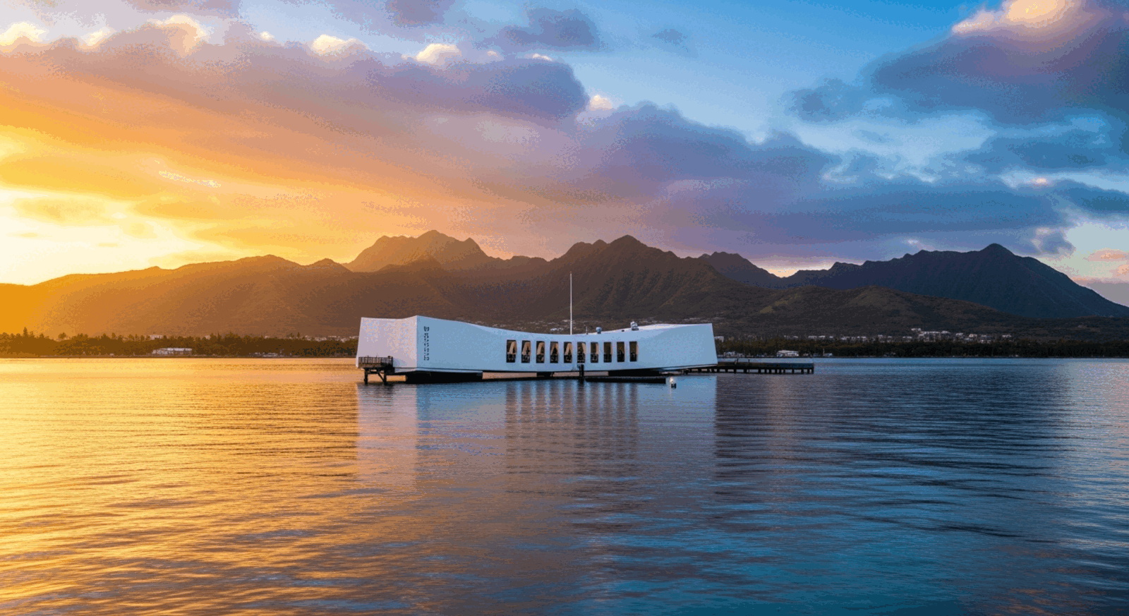 USS Arizona Memorial at Pearl Harbor, Honolulu, Hawaii at sunrise