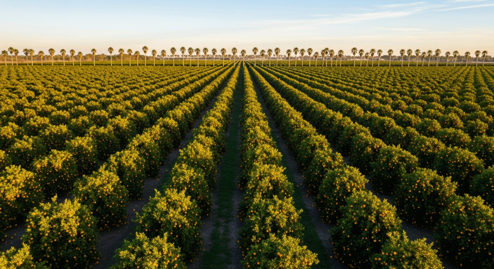 Citrus groves in the Rio Grande Valley, Texas at golden hour