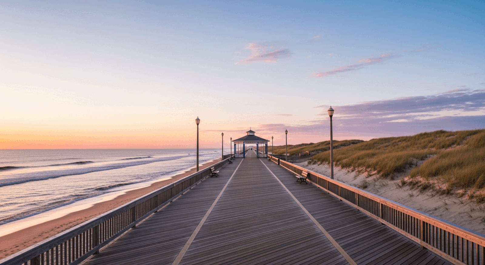 Rehoboth Beach boardwalk and bandstand in Sussex County, Delaware at sunrise