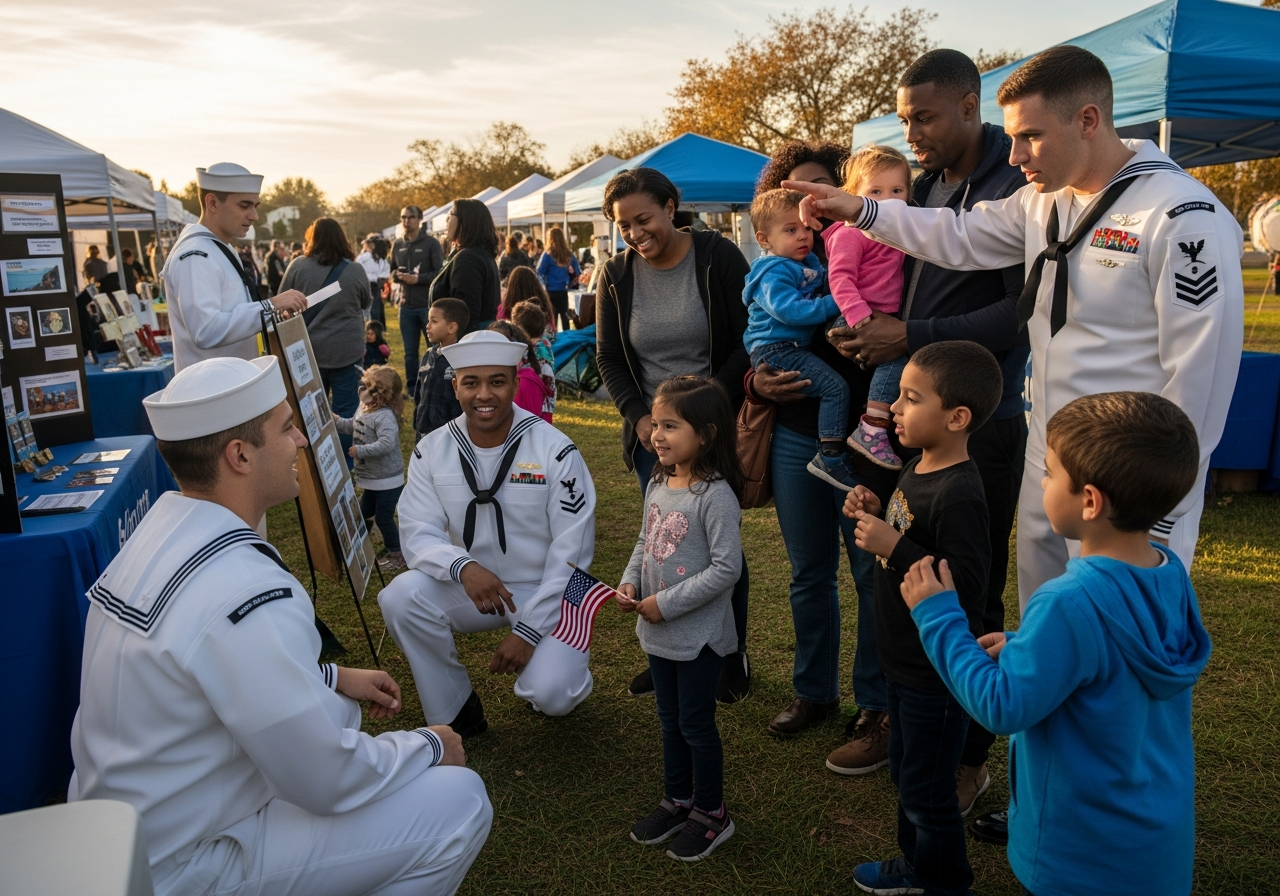 U.S. Navy sailors engaging with families and children at a Navy Week community outreach event